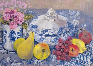 Die blaue und weiße Terrine mit Früchten